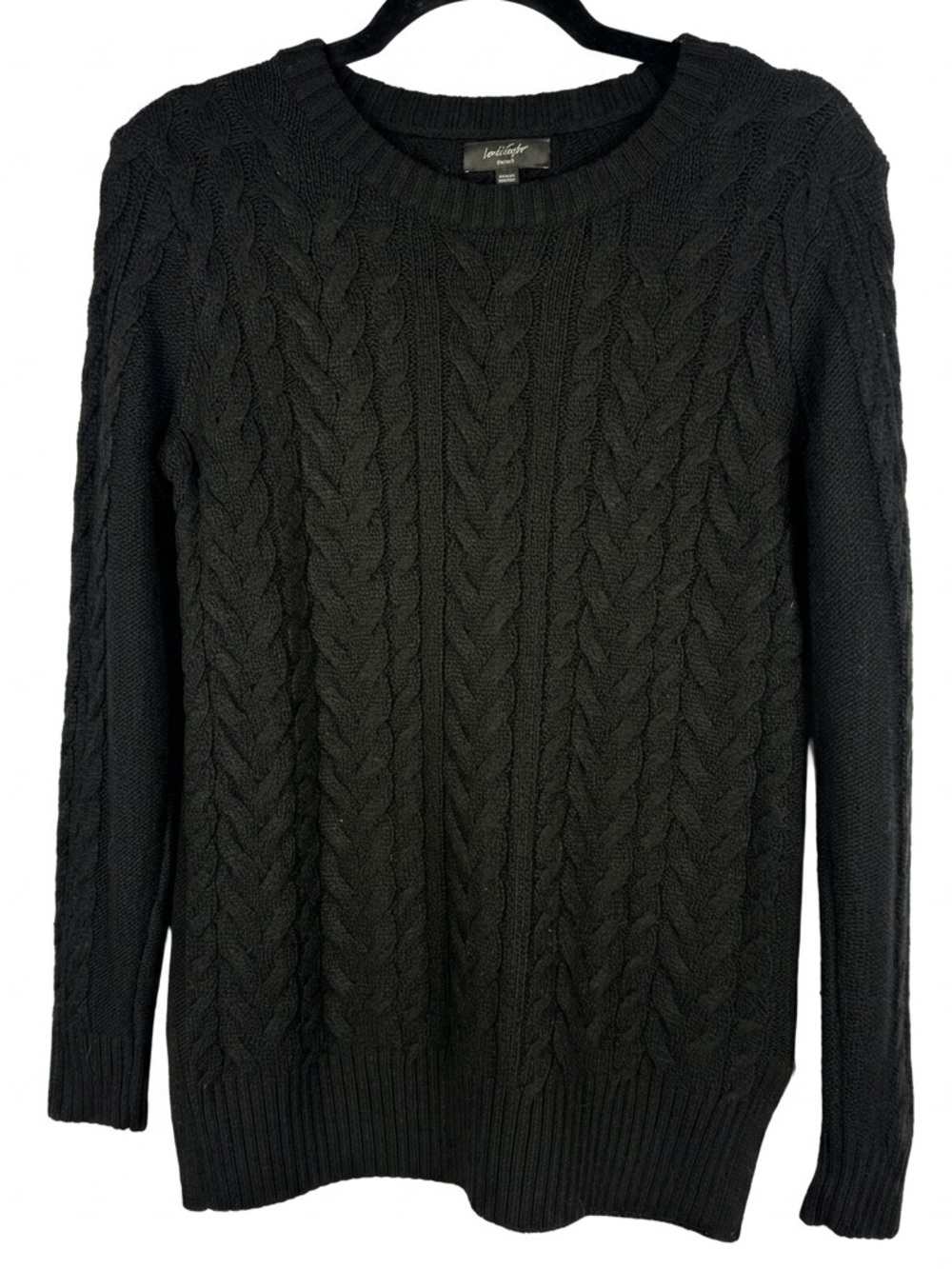 Lord & Taylor Petite Lamb Wool Blend Black Cable Knit Crewneck Sweater PM